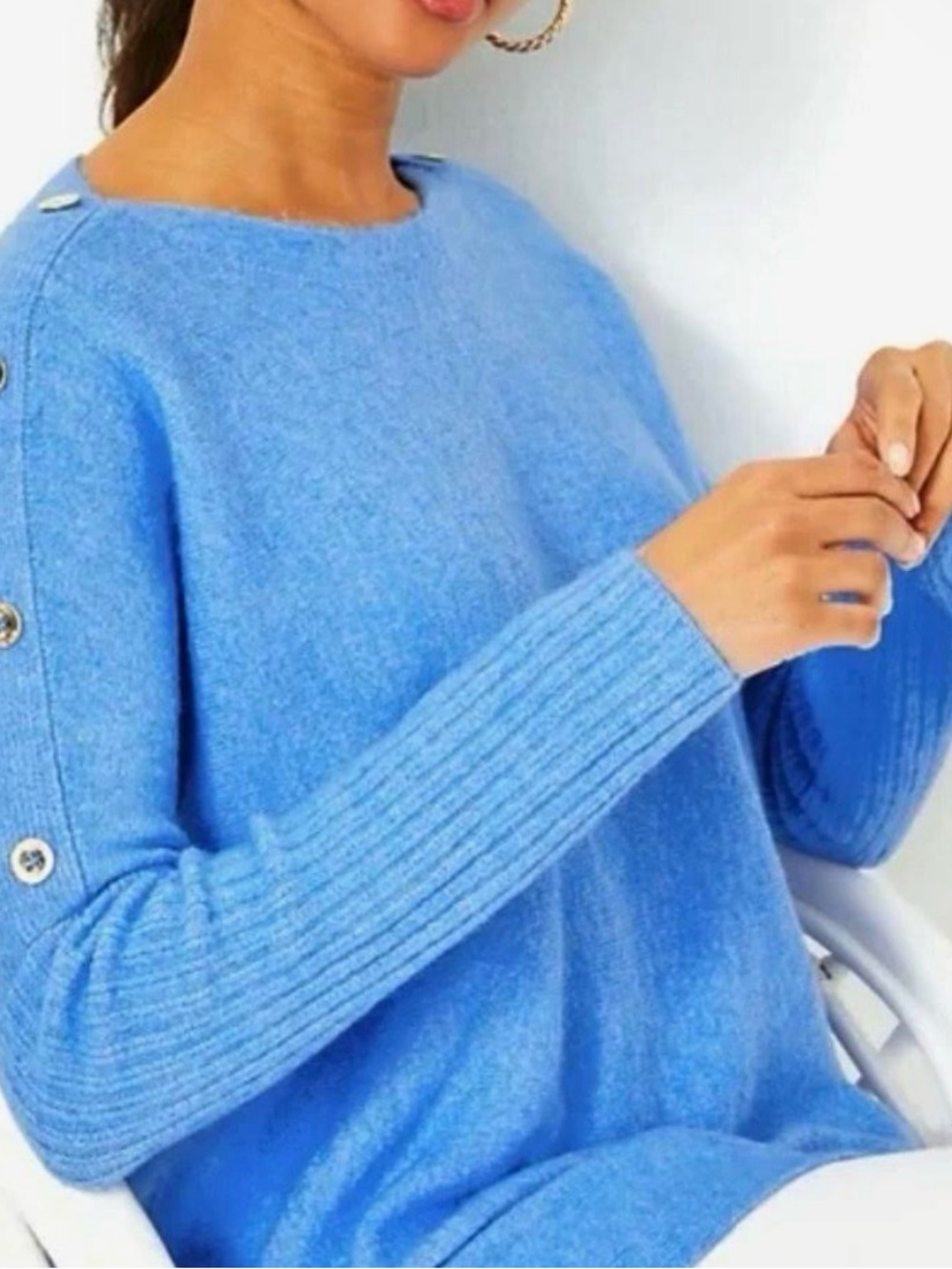 Lilly Pulitzer| Arna Sweater Abaco Blue Button Sleeve Boatneck| Sz. M NWOT